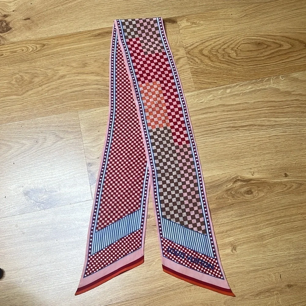 Louis Vuitton 48” x 4.25” Silk Damier Aquarelle Bandeau Piment Twilly Scarf